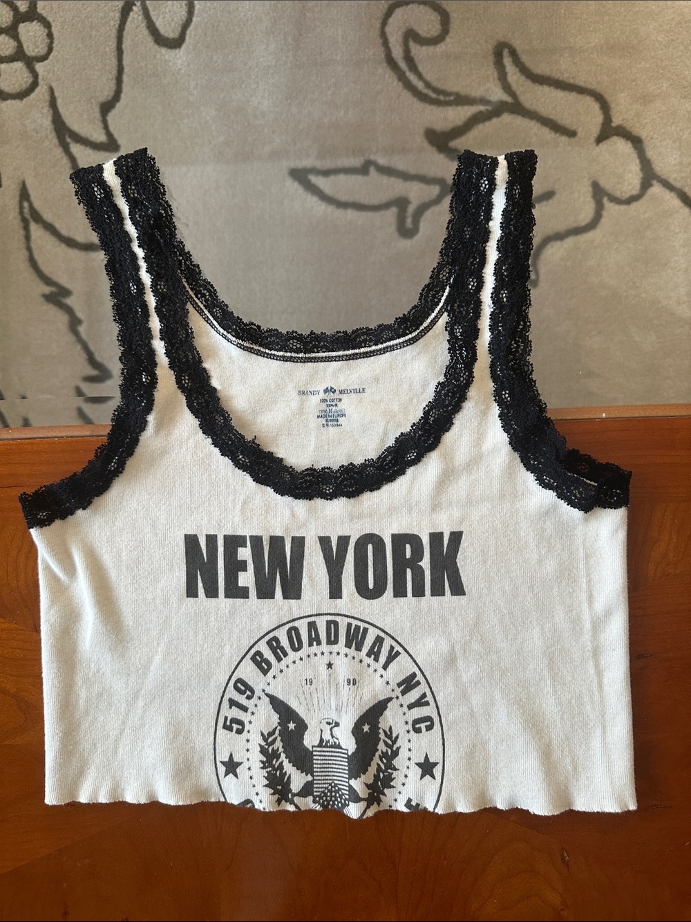 New York Graphic Lace-Trim White Tank Top